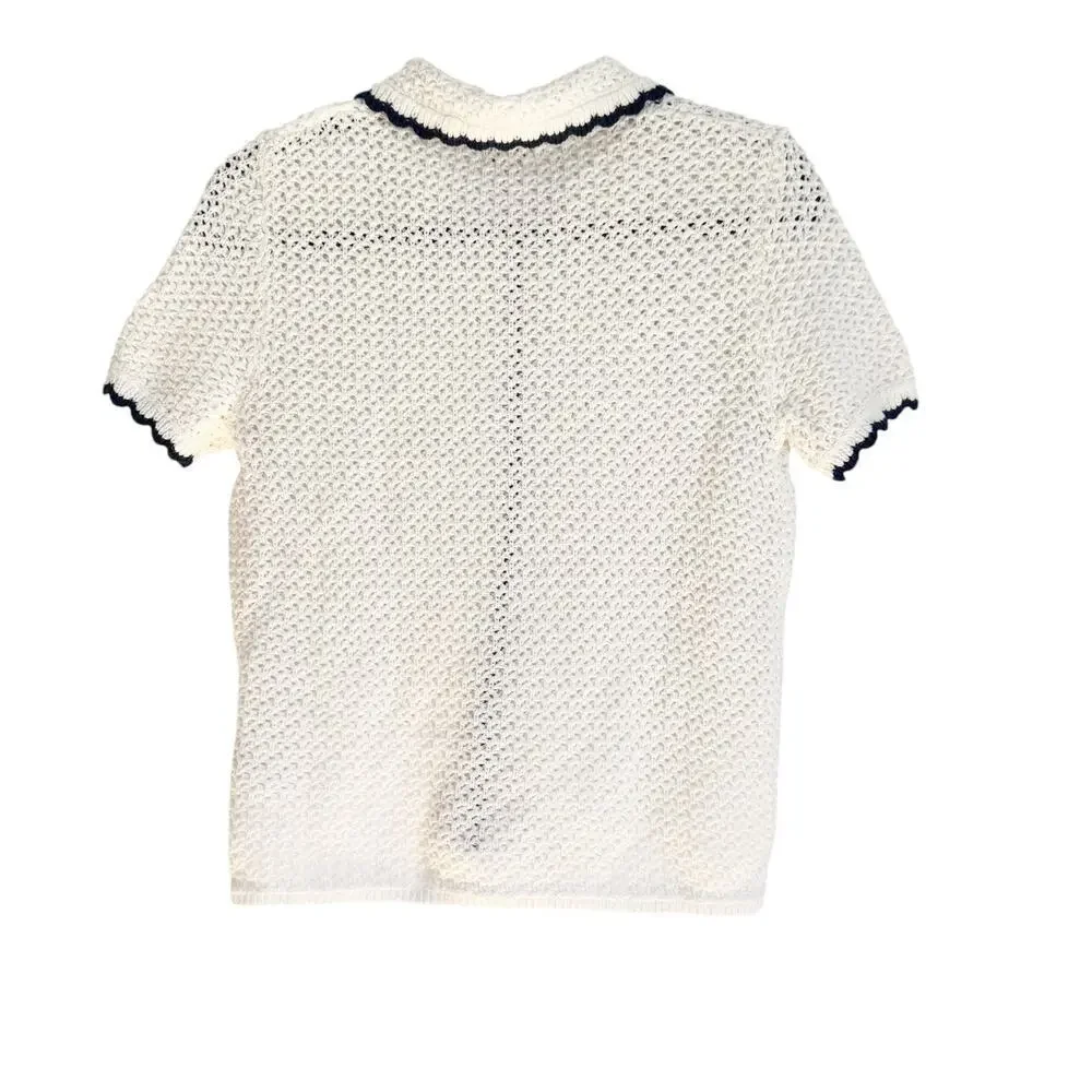 J. Crew Short-Sleeve Crochet Cardigan Sweater Ivory Ant Navy Crochet Size XS NWT